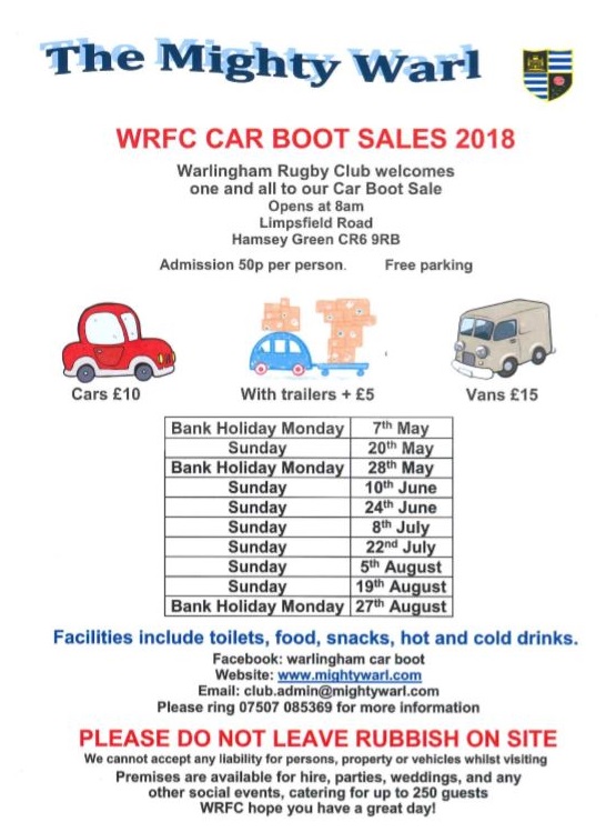 Warlingham 2018 car boot sales, Limpsfield Road, MayAug Inside Croydon